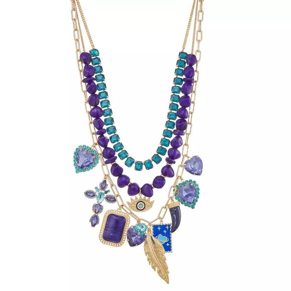 Simply Vera Wang Gold Tone 3 Row Charm Statement Necklace Evil Eye Heart Feather - Picture 3 of 9